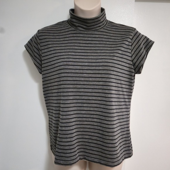 Chico's Size 3 (XL)  Gray Black Stripe Cap‎ Short Sleeve Mock Turtleneck - Picture 1 of 5